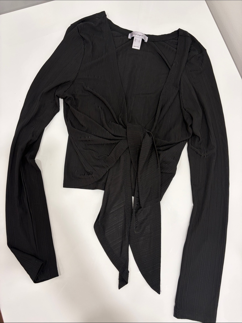 Revamped Black Front Tie Long-Sleeve Crop Top
